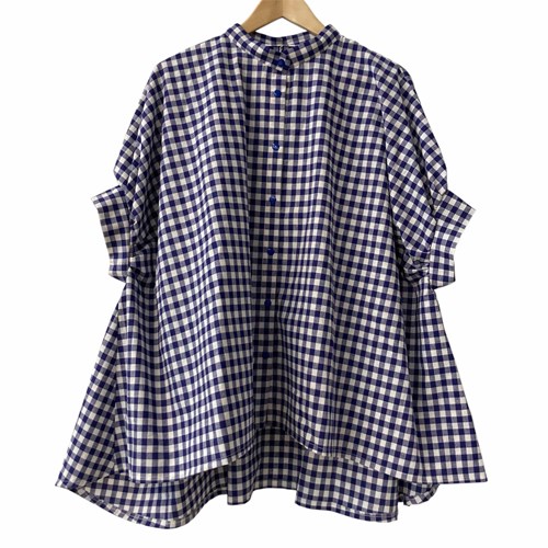 Blouse col Mao lignée vichy bleu et blanc